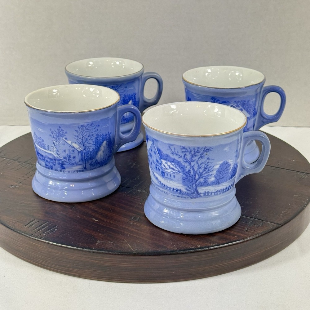 Vintage Old Homestead In Winter Currier & Ives Blue & White Mugs Set Of 4